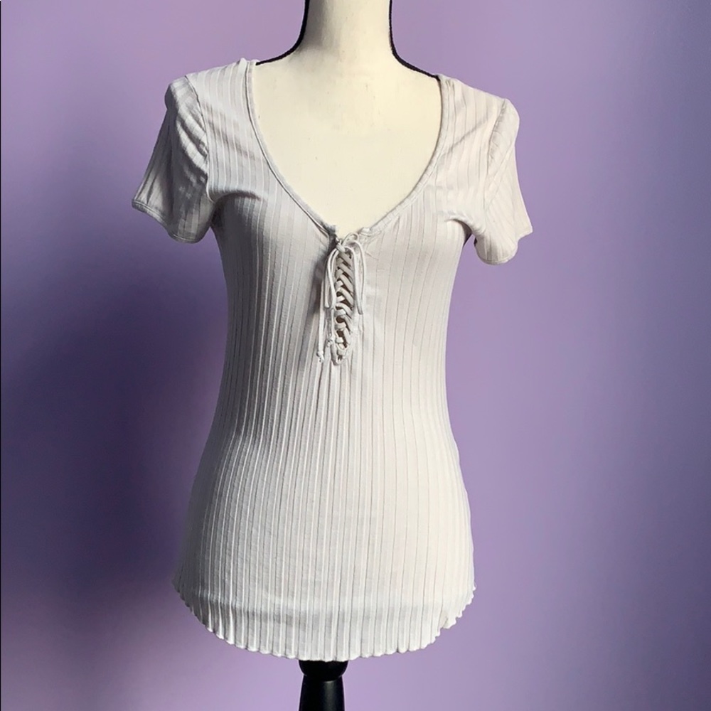 H&M Cream Ribbed lace up top